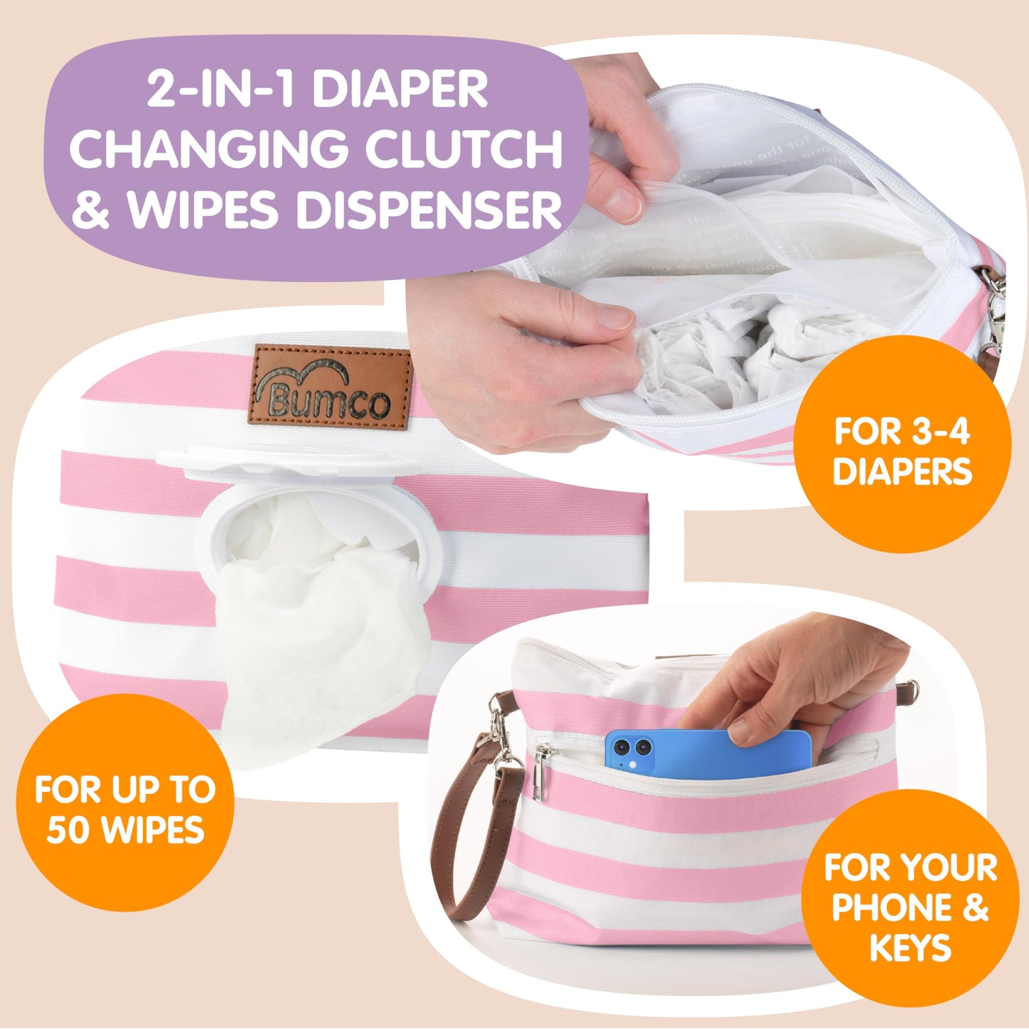Bumco Diaper Clutch Bag And Mini Cream Spatula - Baby Travel Essentials, Small Bag With Wipes Dispenser, Bpa-Free Butt Spatula,