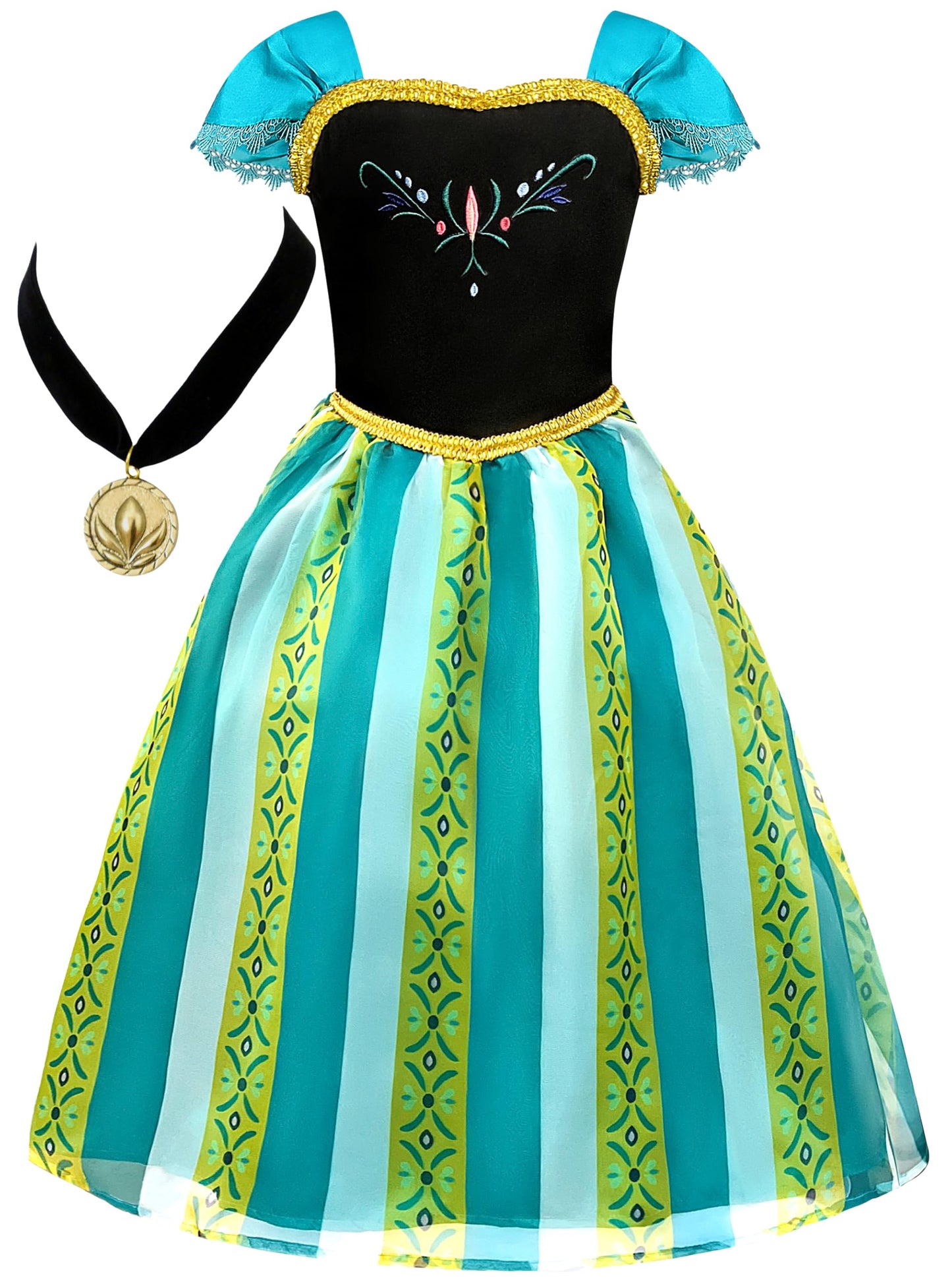 Cokos Box Girls Coronation Dress Princess Costume Necklace Accessory Dress-Up Play Wear Set 3 Years, Amazon Green, 3T