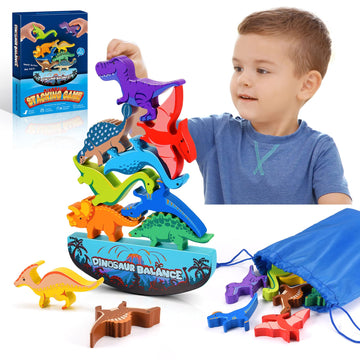IPOURUP Dinosaur Toys for Kids 3-5: Wooden Stacking Montessori Toys for 3 4 5 6 7 8 Year Old Boys Girls Balance Competition Game