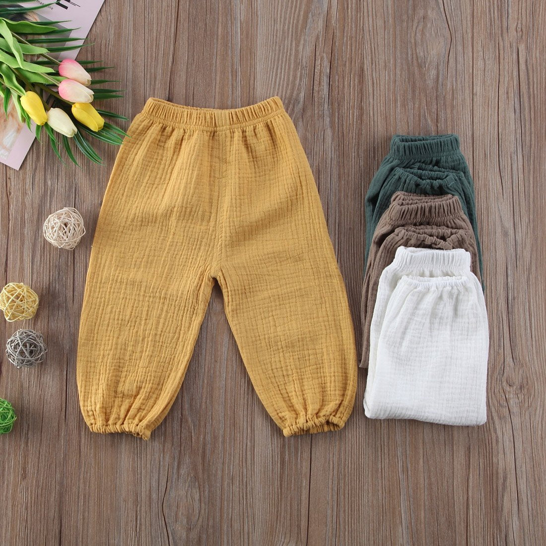 Mubineo Toddler Boy Girl Basic Plain Summer Fall Comfy Cotton Linen Pants (Mustard Yellow, 3T)