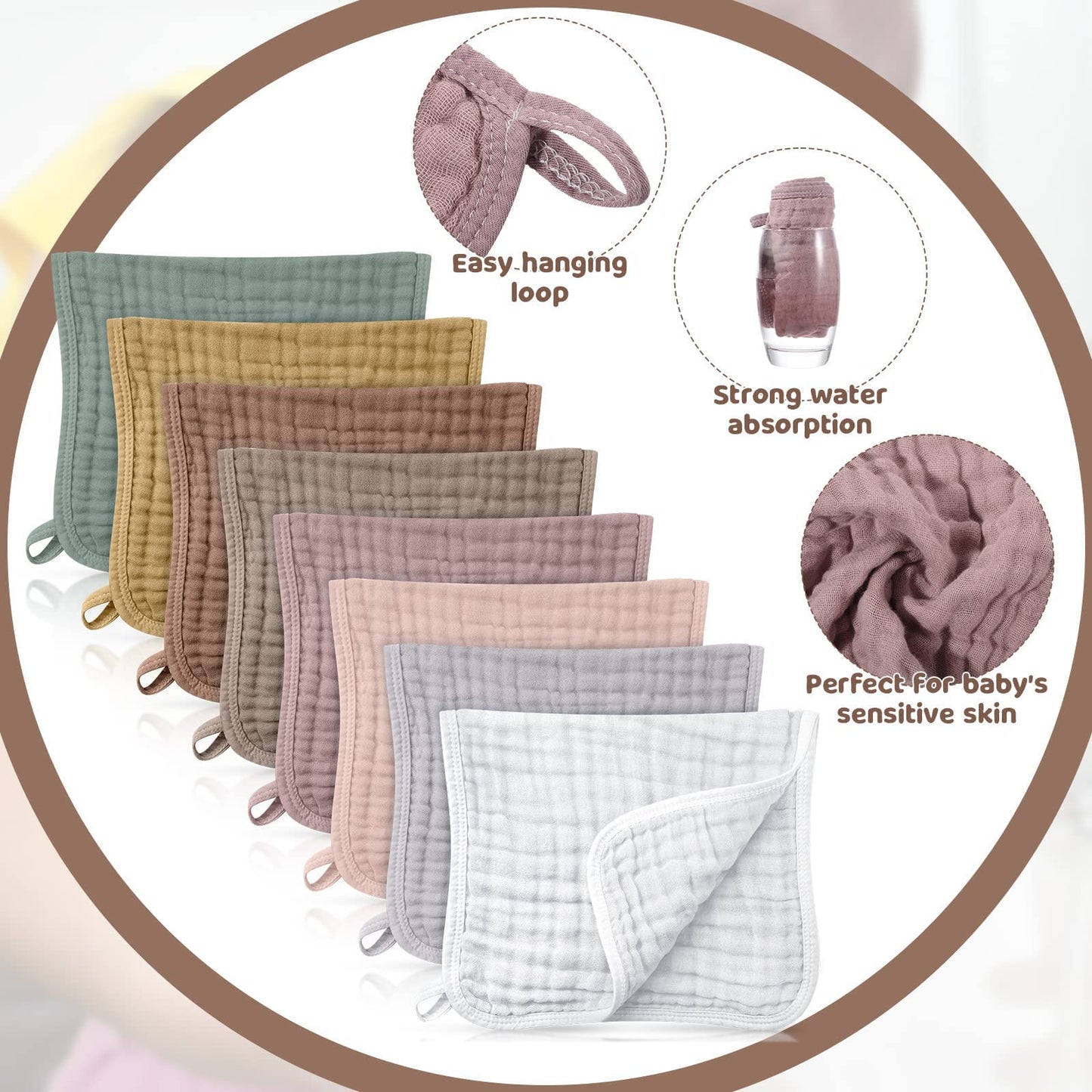8 Packs Muslin Burp Cloths 6 Layers Unisex Baby Items Absorbent Burp Rags Colorful Muslin Washcloths for Baby Plain Soft Cotton