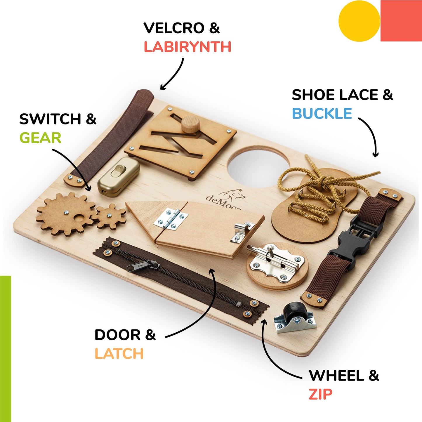 deMoca Montessori Busy Board for Toddlers, Wooden Sensory Toy - Toddler Preschool Learning Activities for Fine Motor Skills Trav
