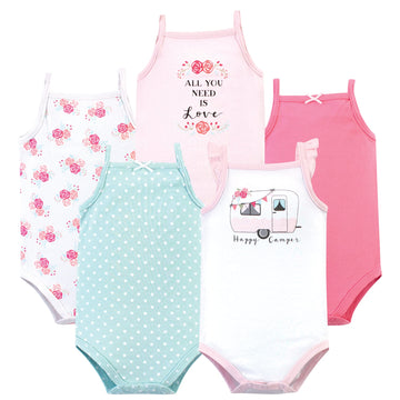 Hudson Baby Unisex Baby Cotton Sleeveless Bodysuits Pink Happy Camper, 3-6 Months