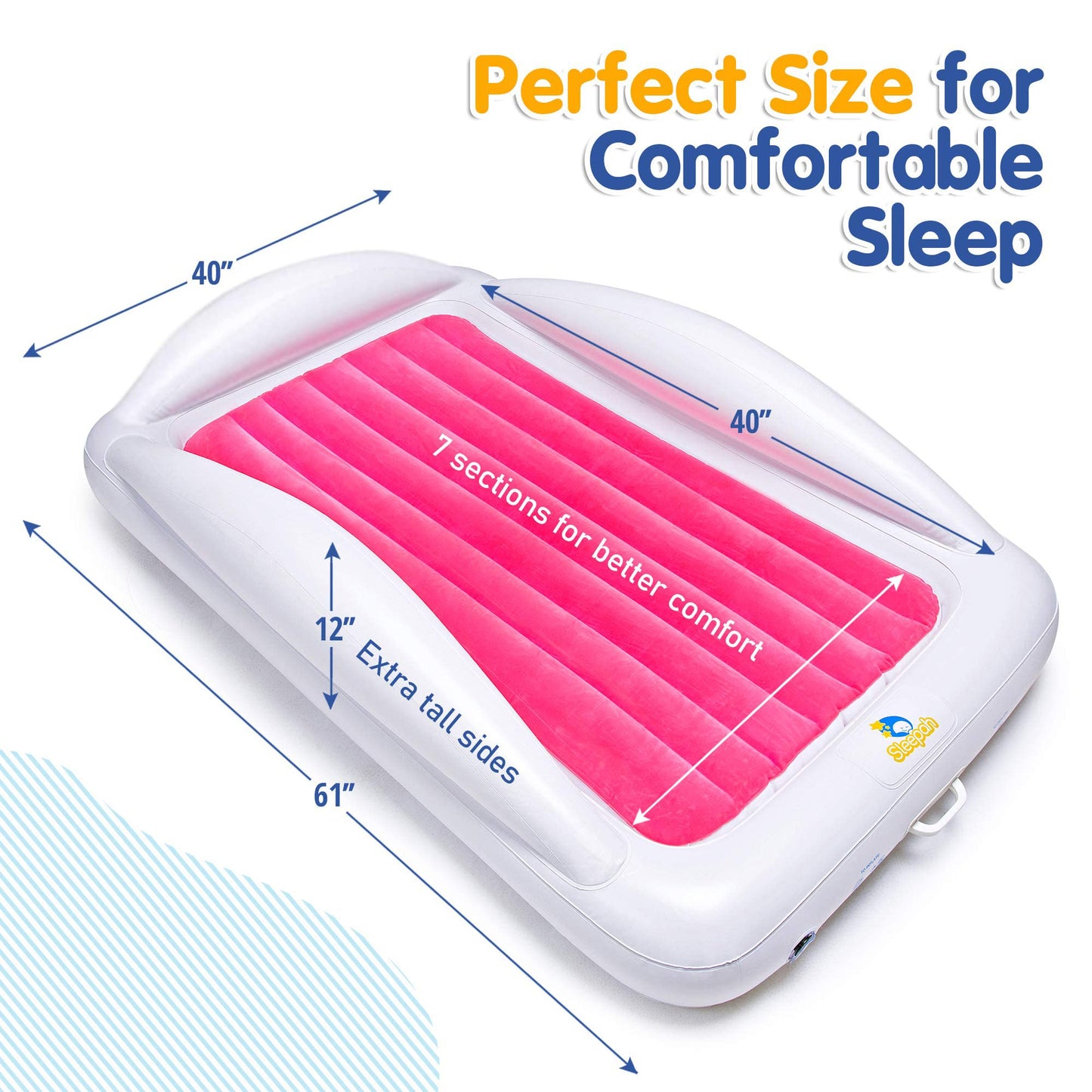 Sleepah Inflatable Toddler Travel Bed Portable Kids Air Mattress Set W Safety Bed Rail Guards For Kids & Toddlers - Set Includes