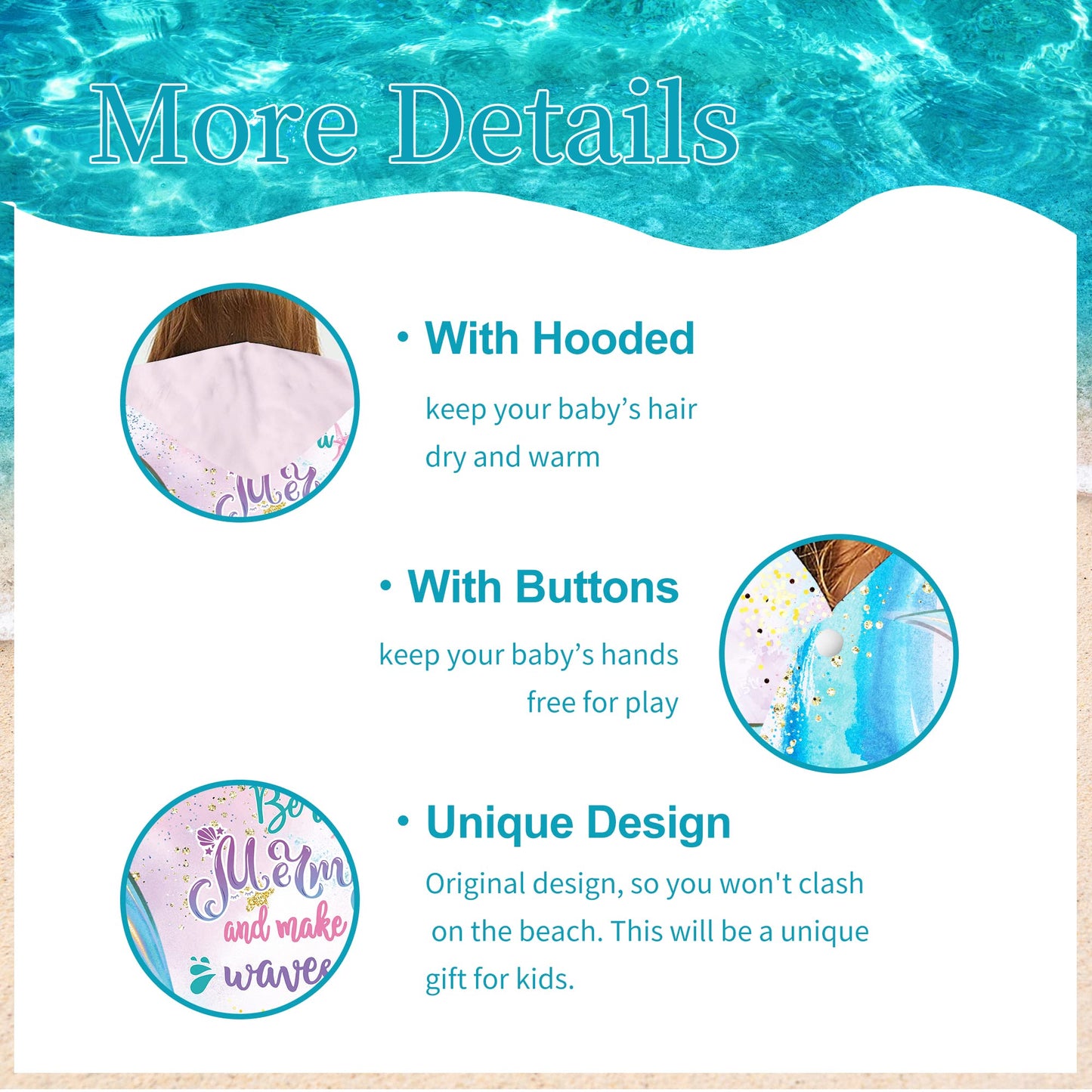 Unibyby Mermaid Beach Towel, Mermaid Hooded Towel, Mermaid Scales Tail Towel For Girls 30' X 50', Teal Microfiber Absorbent Qu