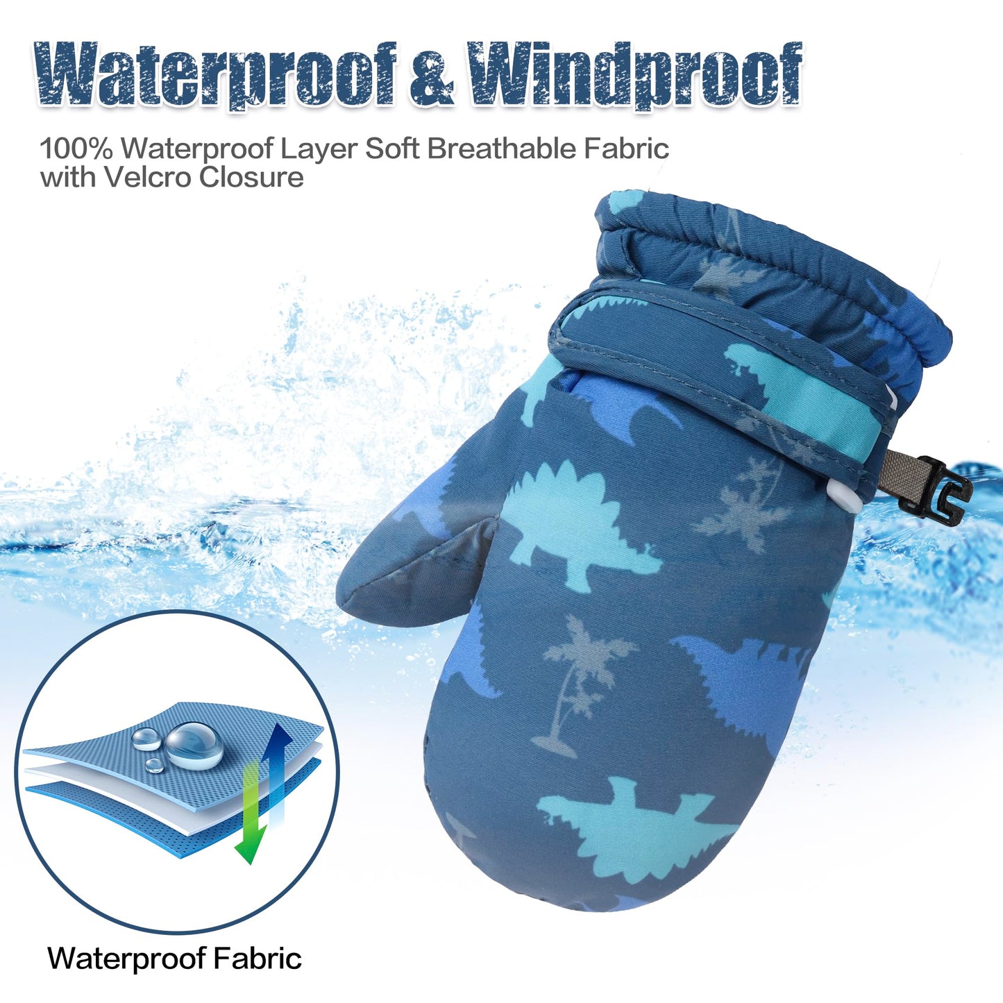 Fynnsure Toddler Mittens Baby Waterproof Snow Gloves Kids Ski Snow Gloves Cold Weather Mittens For Boys Girls Blue Dinosaur 1-2