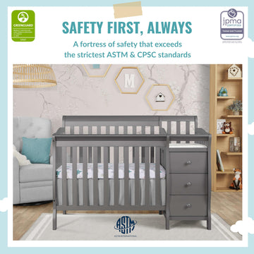 Dream On Me Jayden 4-In-1 Mini Convertible Crib And Changer In Storm Grey, Greenguard Gold Certified, Non-Toxic Finish, New Zeal