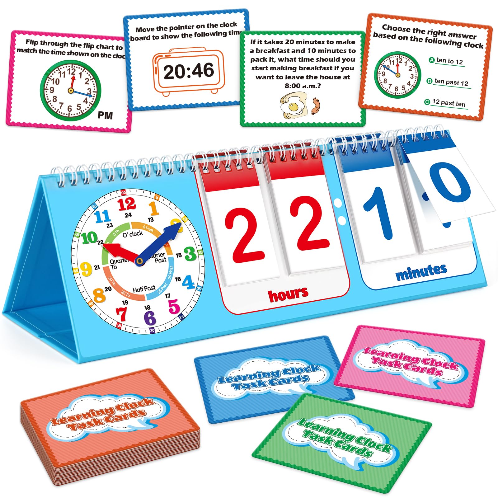 Torlam Learning Clock Flip Chart Colorful Analog & Digital Telling Time Teaching Clock for Kids, Math Manipulatives 1st 2nd Grad