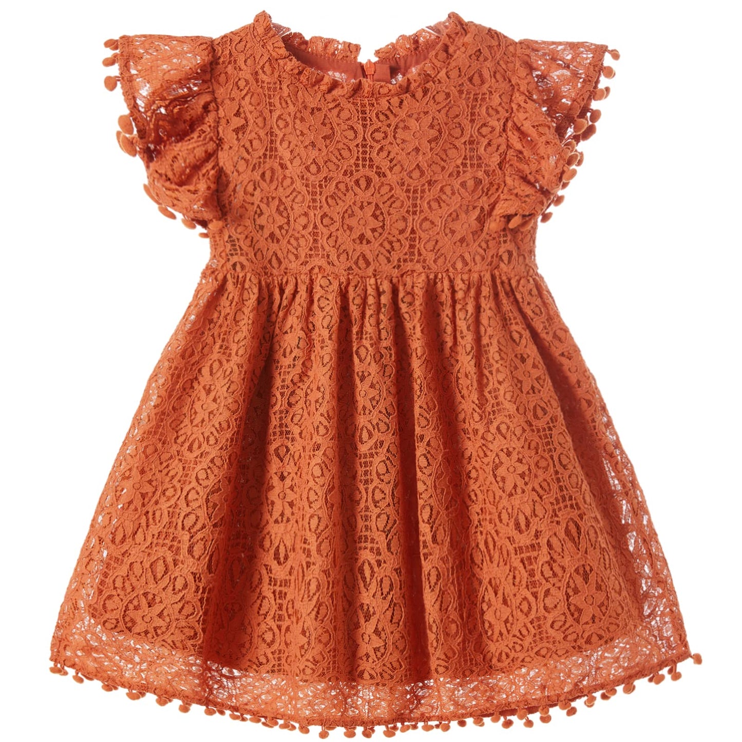 Niyage Toddler Girls, Little Kid Elegant Lace Pom Pom Flutter Sleeve Party Princess Dress Brick Red 140