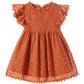 Niyage Toddler Girls Elegant Lace Pom Pom Flutter Sleeve Party Princess Dress Brick Red 120