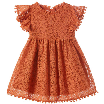 Niyage Toddler Girls Elegant Lace Pom Pom Flutter Sleeve Party Princess Dress Brick Red 120