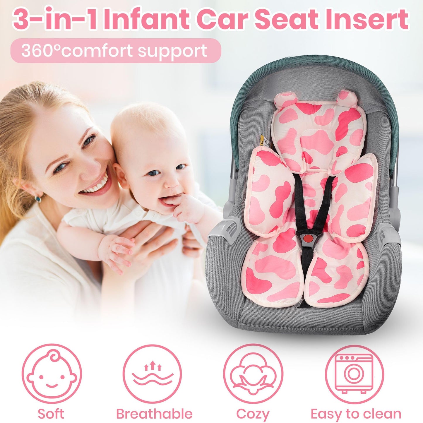 Honeau Baby 3In1 Car Seat Head Body Support,Reversible Cotton-Minnky Infant Car Seat Insert Newborn Boys Girls,Soft Breathable C