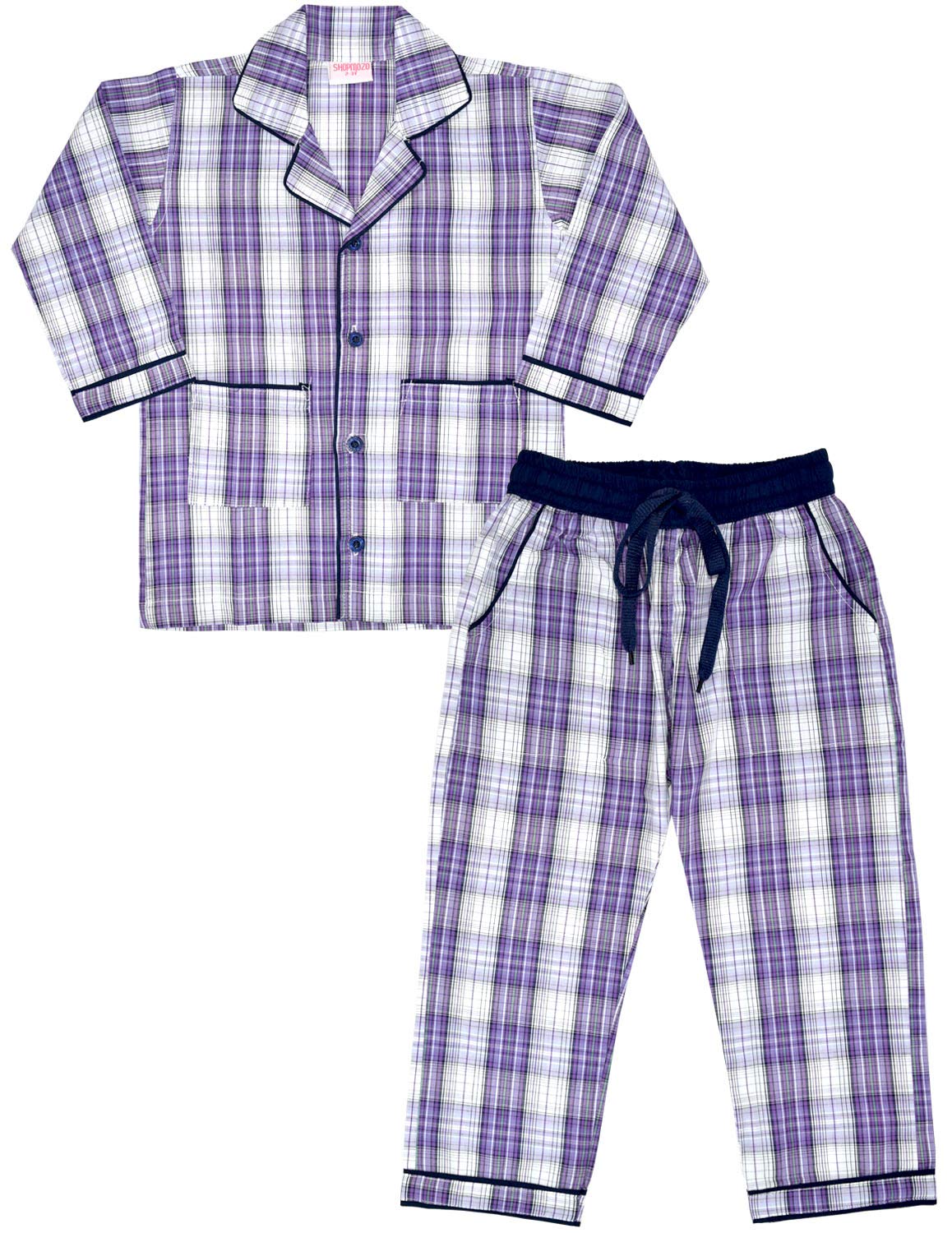 SHOPmOZO Unisex 100% Pure Cotton Full Sleeves Checkered Night Suit for Boys and Girls Sleep Wear Full Pyjama with Top Combo Set 