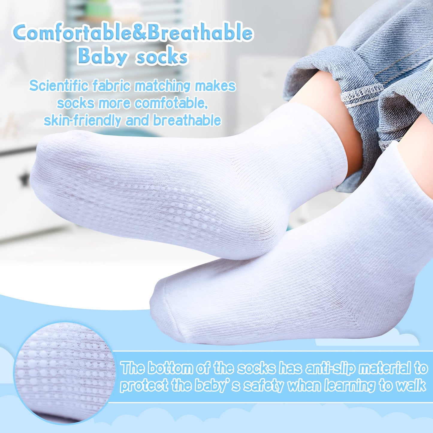 Hyzgb Kids Socks With Grippers 5-6-7 Years Old 12 Pairs Cotton Crew Non Slip Grips Socks 5T-6T-7T For Unisex Little Boys Girls T