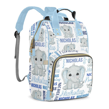 Perarts Custom Diaper Bag Mommy Bag with Multi-function Shoulders Outdoor Backpack for Newborn Baby Boy Elephant, Blue Customize