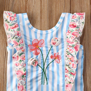 Kids Baby Girls One Piece Swimsuit Striped Flamingo/Mermaid Tassel/Ruffle Floral Swimwear Bathing Suit (6-7 Years, Blue Ruffles)