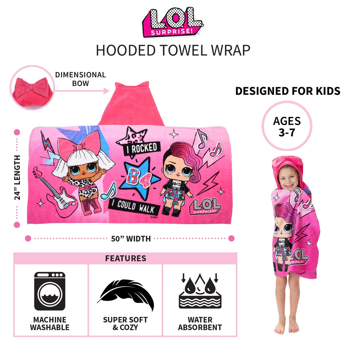 L.O.L. Surprise Soft Cotton Hooded Bath Towel Wrap, 24    X 50   , Pink