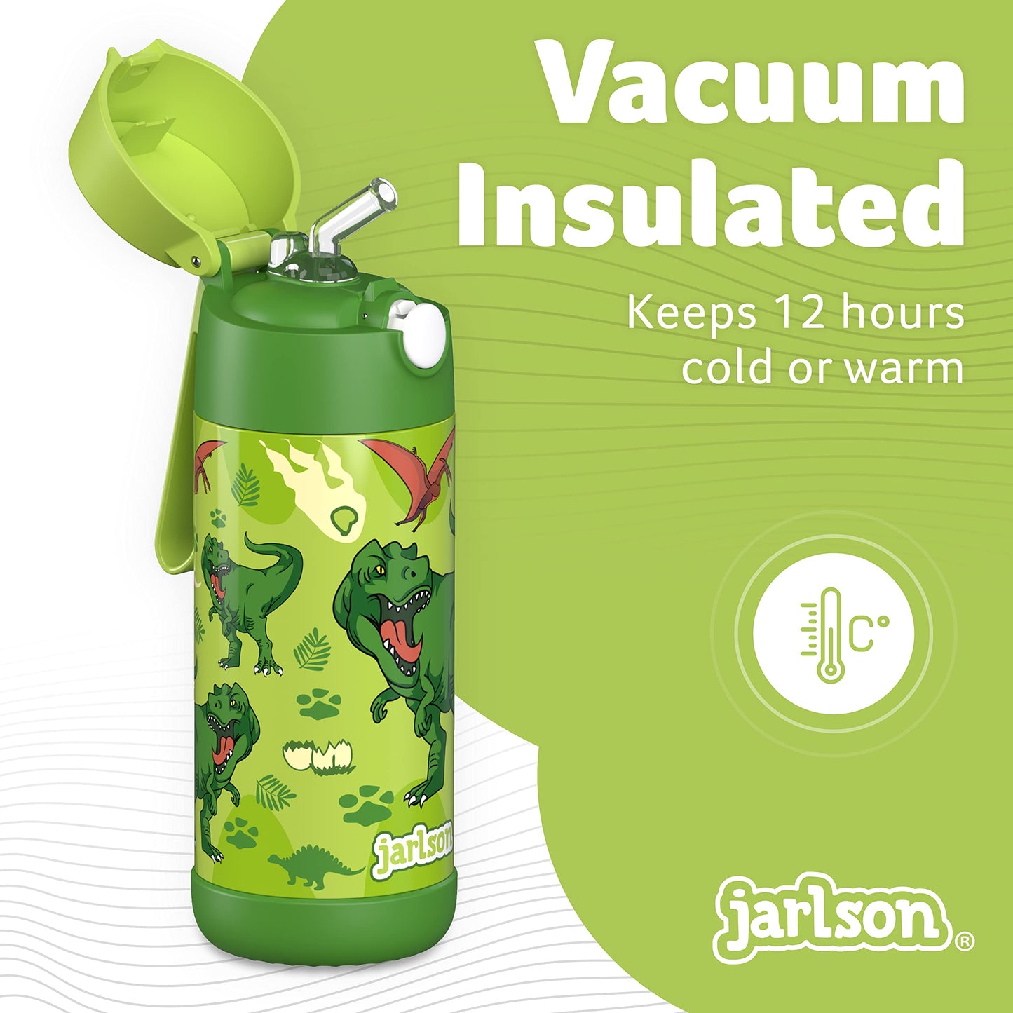 Jarlson Kids Water Bottle With Straw - Charli - Insulated Stainless Steel Water Bottle - Thermos - Girlsboys (Dinosaur Star, 12