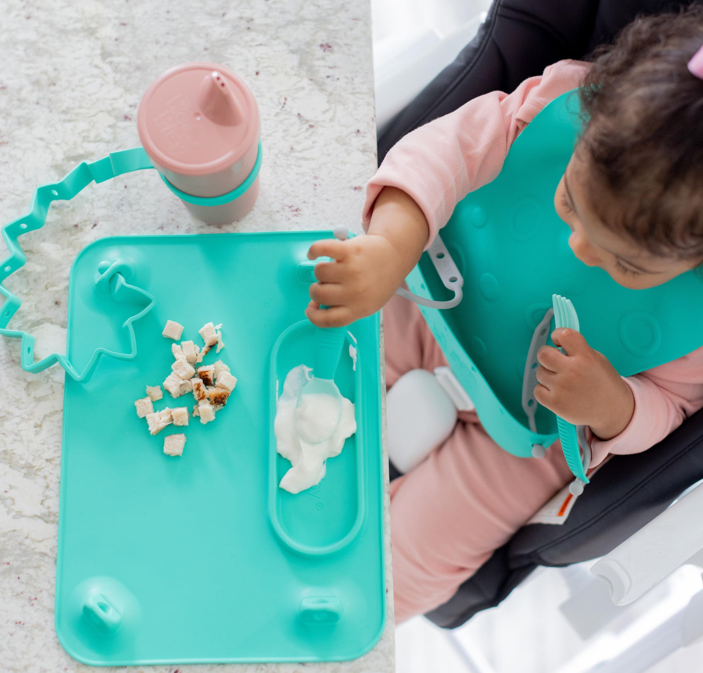 Busy Baby Silicone Mat - Suction Cups, 4 Straps To Secure Baby Essentials, Self Feeding, Baby Led Weaning, Travel Sleeve Include