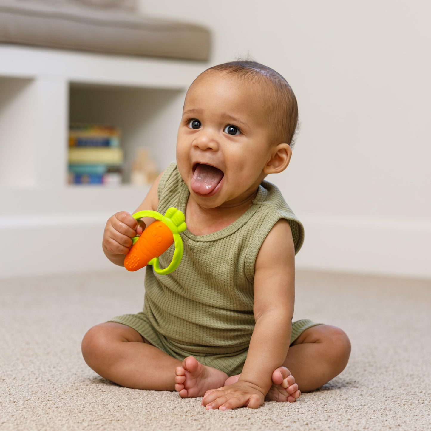Infantino Lil Nibbles Textured Silicone Baby Teether - Sensory Exploration and Teething Relief with Easy to Hold Handles, Orang