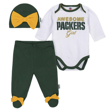 Nfl Green Bay Packers 3 Pack Bodysuit Footed Pant And Cap Registry Gift Set, Greenwhite Green Bay Packers, 0-3M