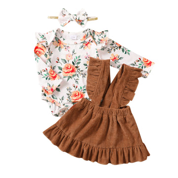 Kucnuzki 1 Year Old Girl Clothes Toddler Girl Fall Outfit Ruffled Infant Long Sleeve Romper Suspender Dress Skirt Set Baby Cloth