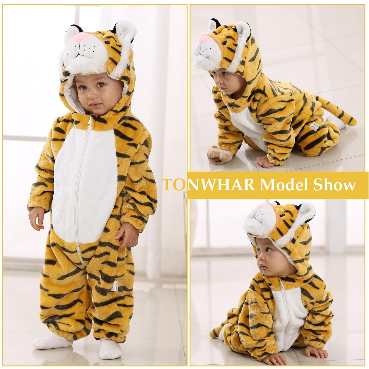 Tonwhar Kids' And Toddlers' Infant Tiger Dinosaur Animal Fancy Dress Costume Outfit Hooded Romper Jumpsuit (12-18 Months/Height: