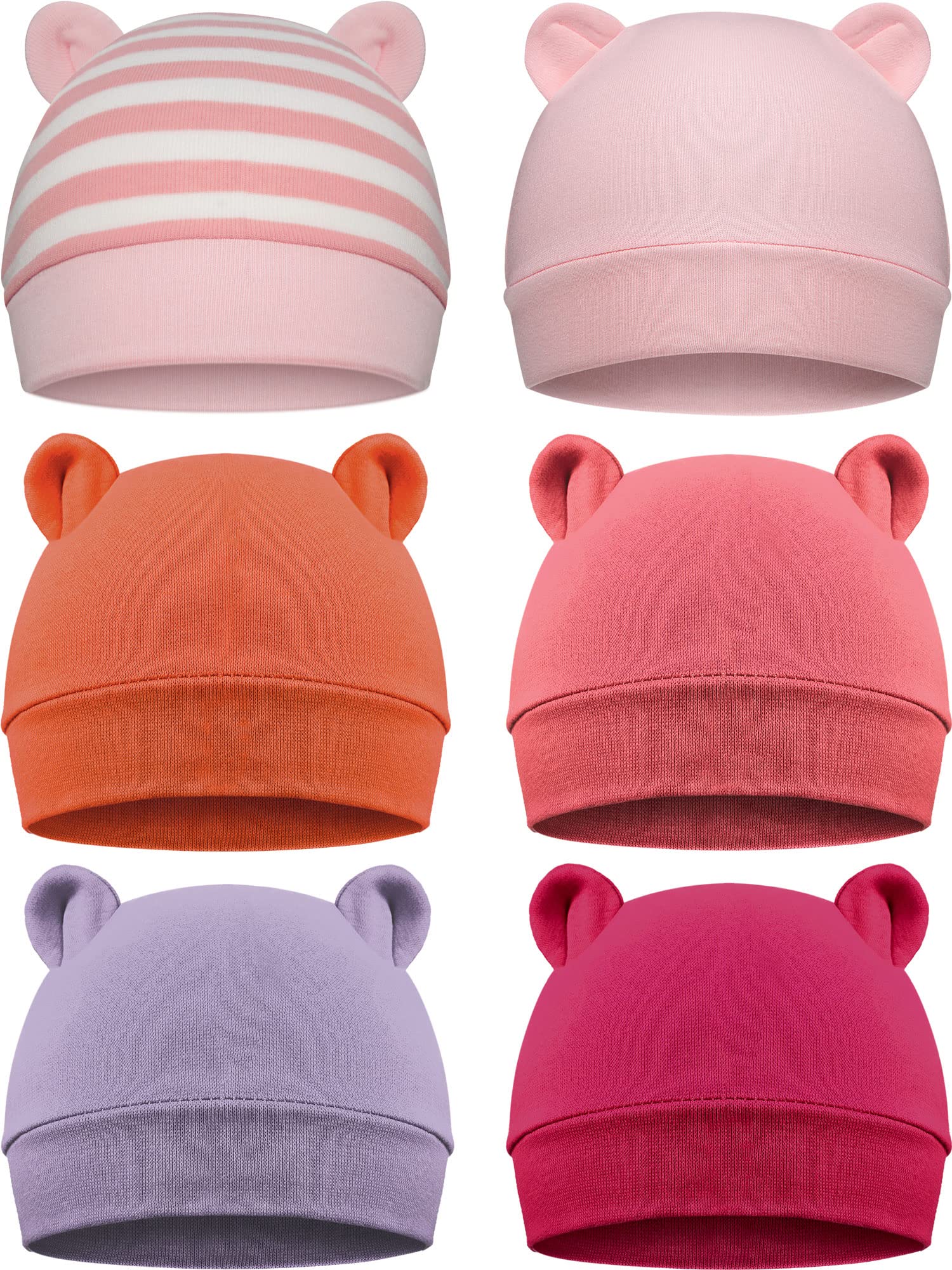 6 Pieces Newborn Baby Hat Bear Ears Infant Caps Baby Boy Girl Toddler Hats Infant Beanie Caps For 0-3 Months (Pink White, Light
