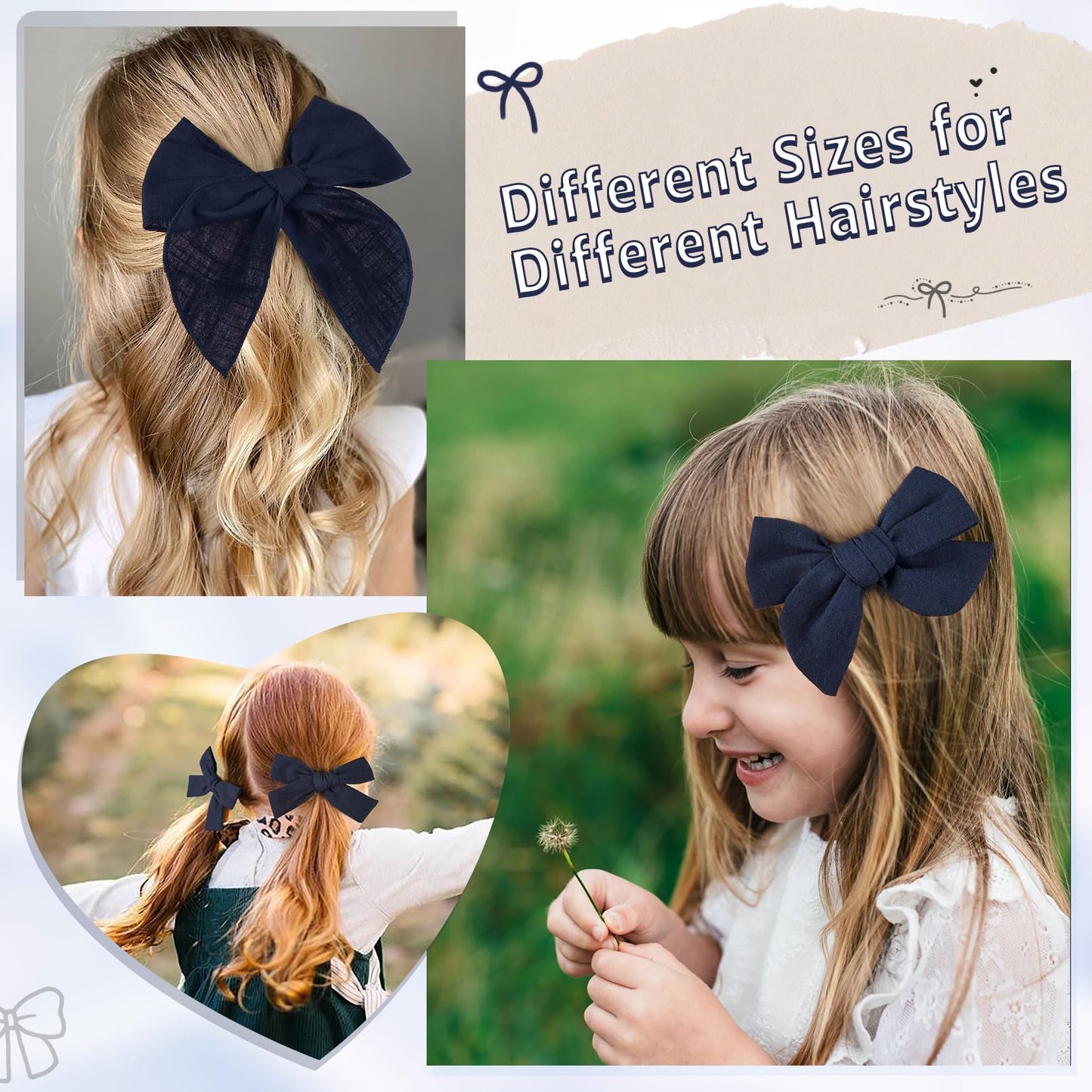 Deeka 4 Pcs Navy Blue Cotton Linen Hair Bows 3 Styles 5' & 4' Handmade Hair Bow Set For Toddler Girls Alligator Hair Clips Kno