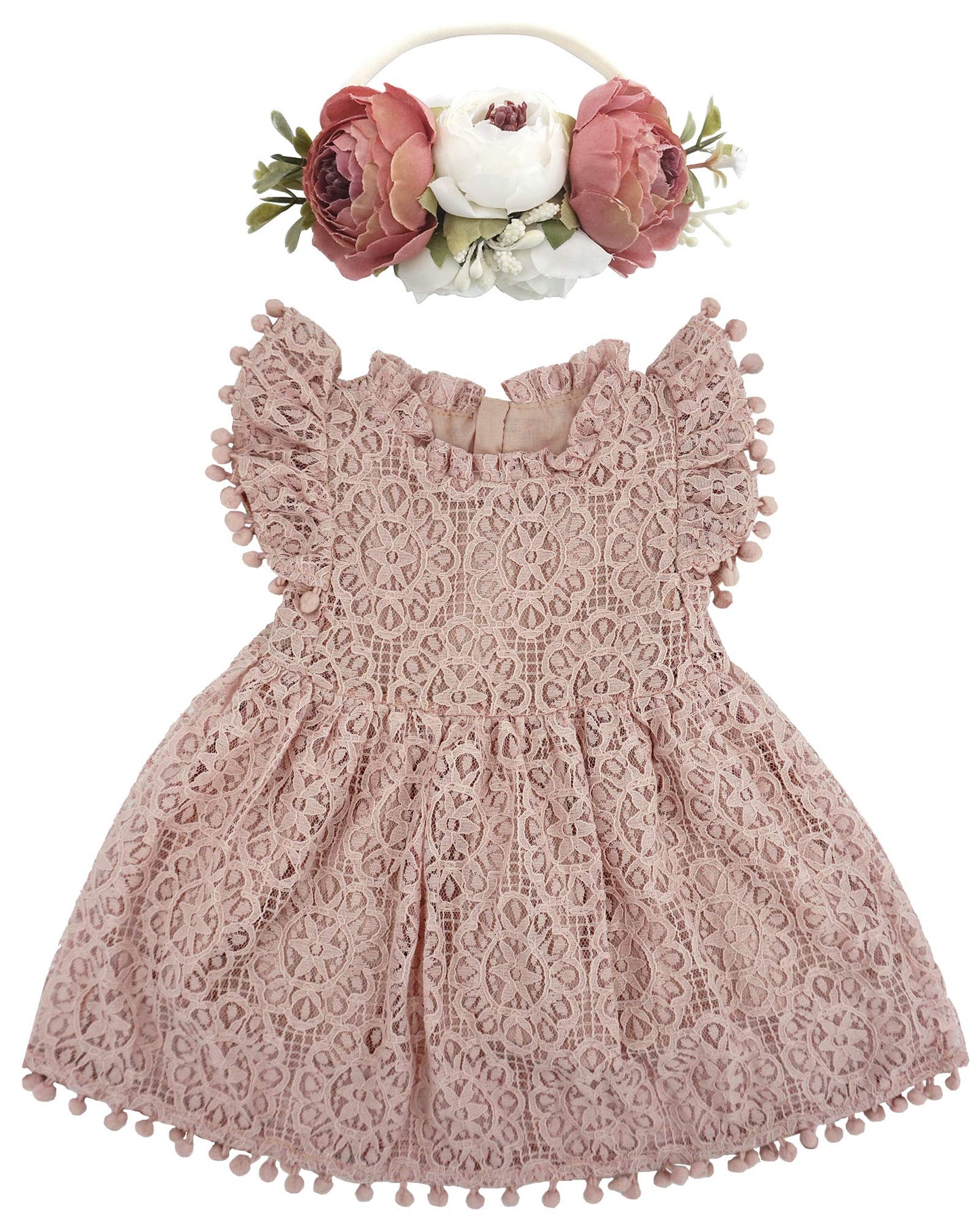 Bgfks Baby Girl Tutu Dress Elegant Lace Pom Pom Flutter Sleeve With Flower Headband Set(Dusty Rose,12 Months)
