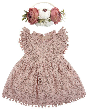 Bgfks Baby Girl Tutu Dress Elegant Lace Pom Pom Flutter Sleeve With Flower Headband Set(Dusty Rose,6 Months)