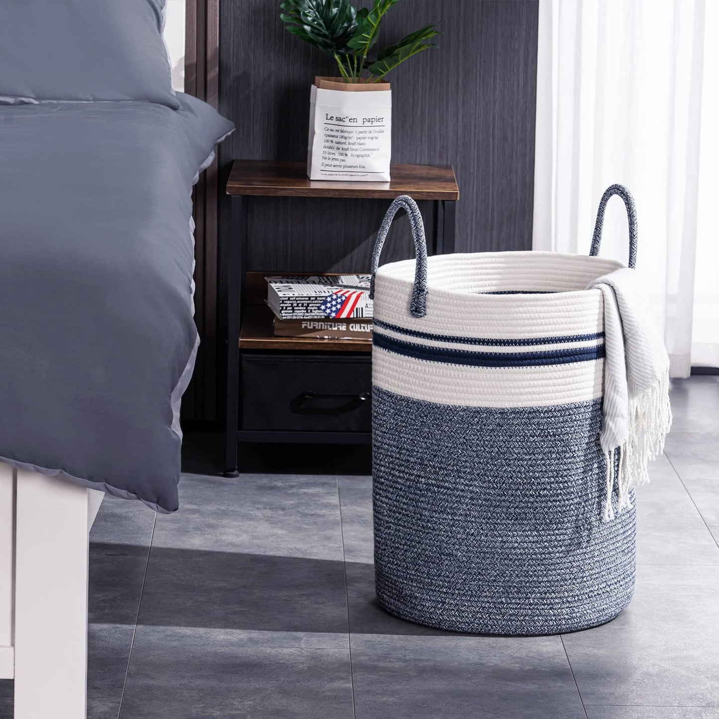 Woven Rope Laundry Hamper Basket by YOUDENOVA, 58L Tall Luandry Basket, Baby Nursery Hamper for Blanket Storage in Bedroom-Large