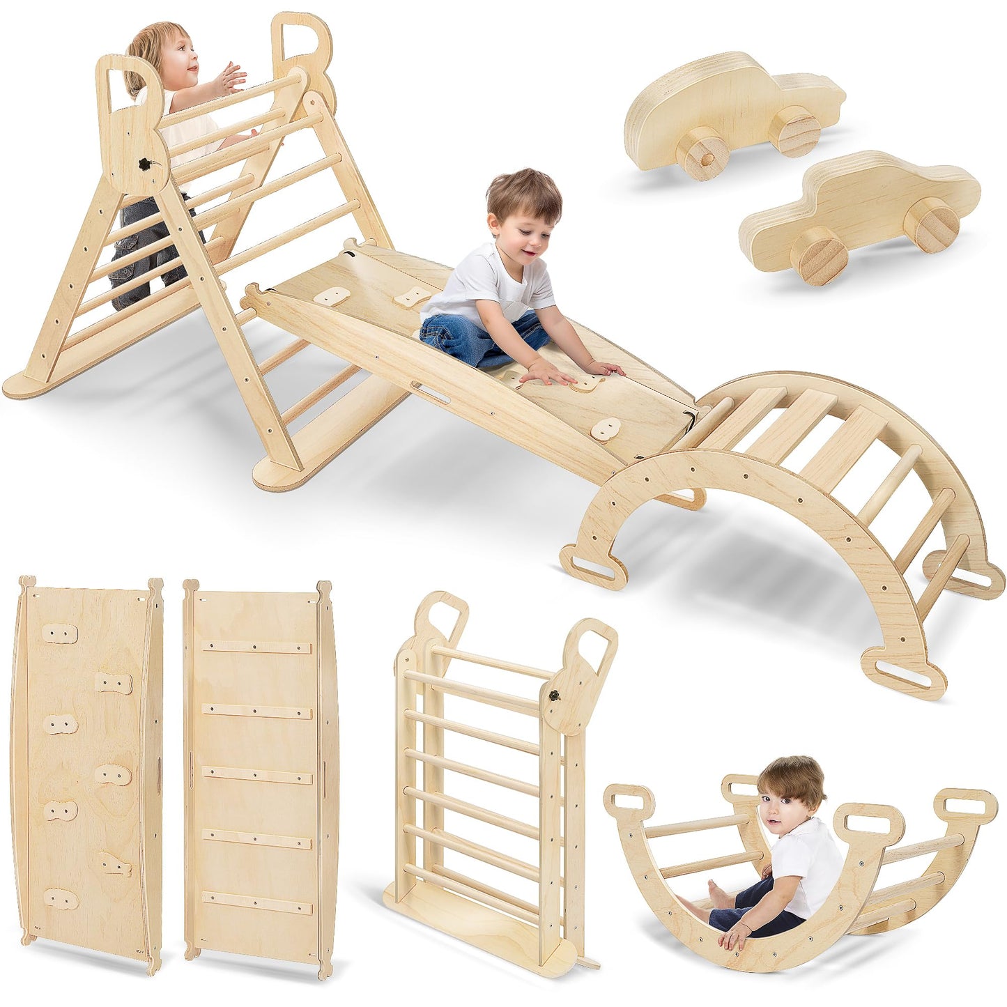 wanwojow Pikler Triangle Climbing Set - Montessori Climbing Set 10 in 1 - Wood Climbing Gym for Toddlers - Foldable Indoor Jungl