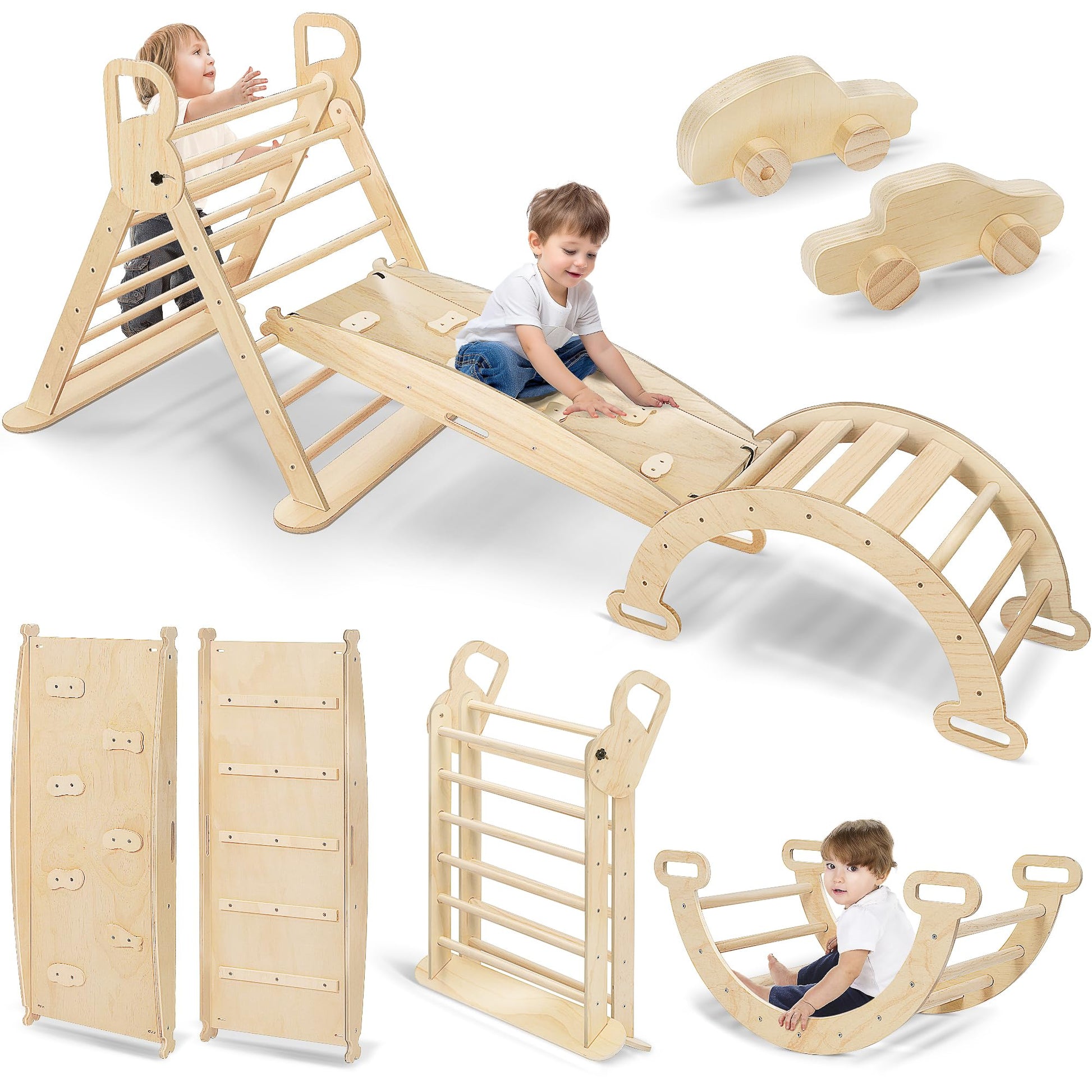 wanwojow Pikler Triangle Climbing Set - Montessori Climbing Set 10 in 1 - Wood Climbing Gym for Toddlers - Foldable Indoor Jungl