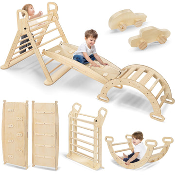 wanwojow Pikler Triangle Climbing Set - Montessori Climbing Set 10 in 1 - Wood Climbing Gym for Toddlers - Foldable Indoor Jungl