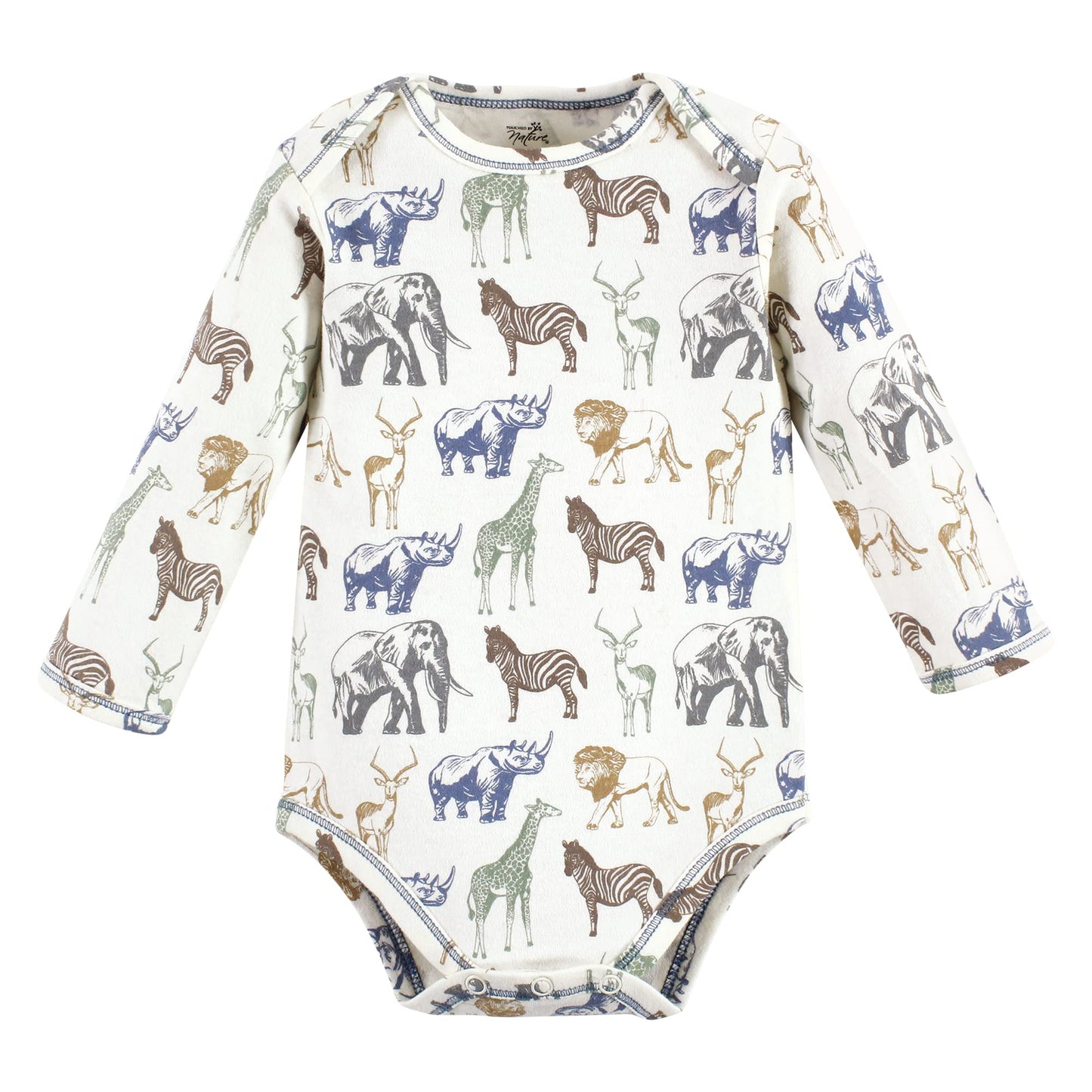 Touched By Nature Unisex Baby Organic Cotton Long-Sleeve Bodysuits, Boy Safari, 12-18 Months