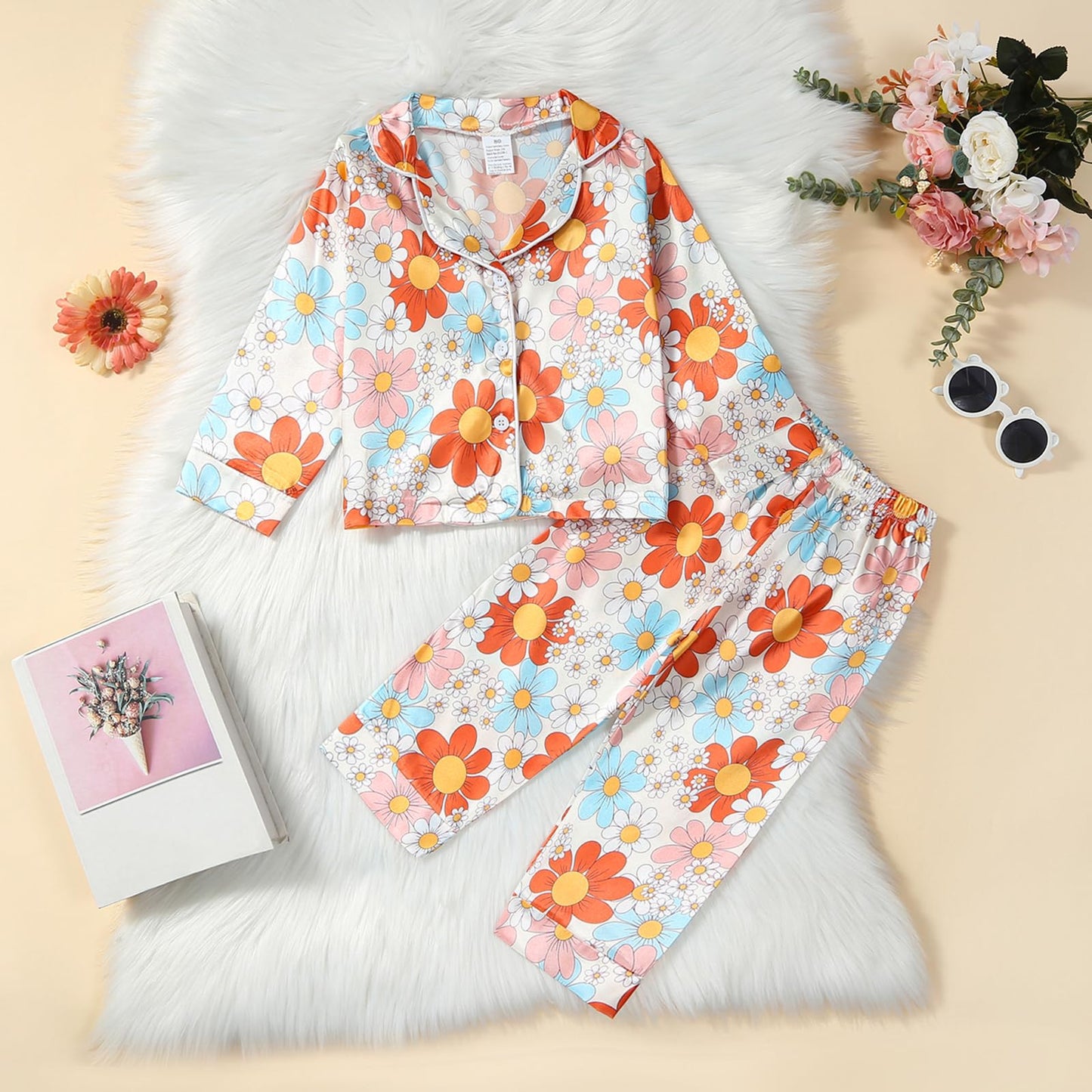 Kids Baby Girl Boy Satin Pajamas Set Button Down Sleep Shirt Top+Long Pants Bottoms Sleepwear Loungewear Clothes (B Flower, 4-5