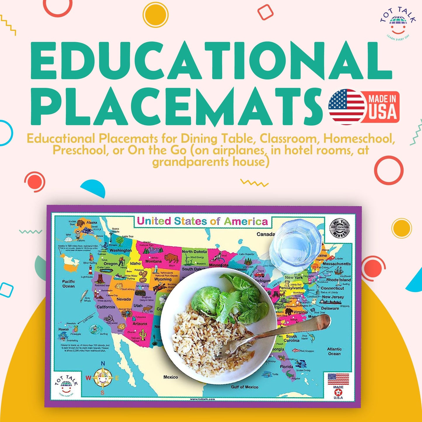 Tot Talk Australia Educational Placemat For Kids - Made In Usa - Durable, Double-Sided, States & Territories, Capitals, Natural