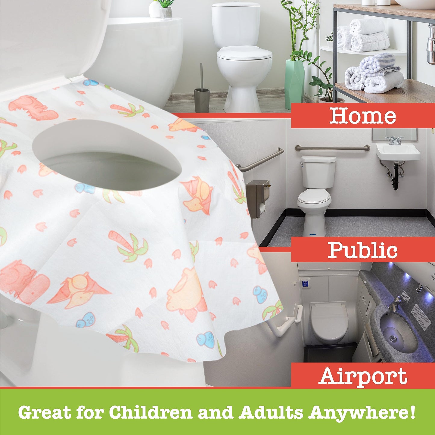 Potty Shields Toilet Seat Covers Disposable (40 Pk, Dinosaurs) - Xl Waterproof Toilet Cover For Toddlers, Kids & Adults - Portab