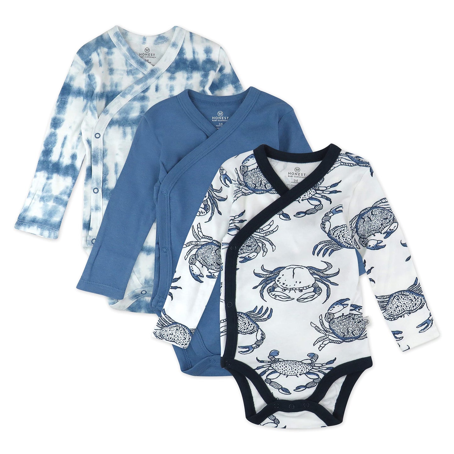 Honestbaby 3-Pack Organic Cotton Long Sleeve Side-Snap Kimono Onesies Bodysuits, Crabs Navy, 0-3 Months