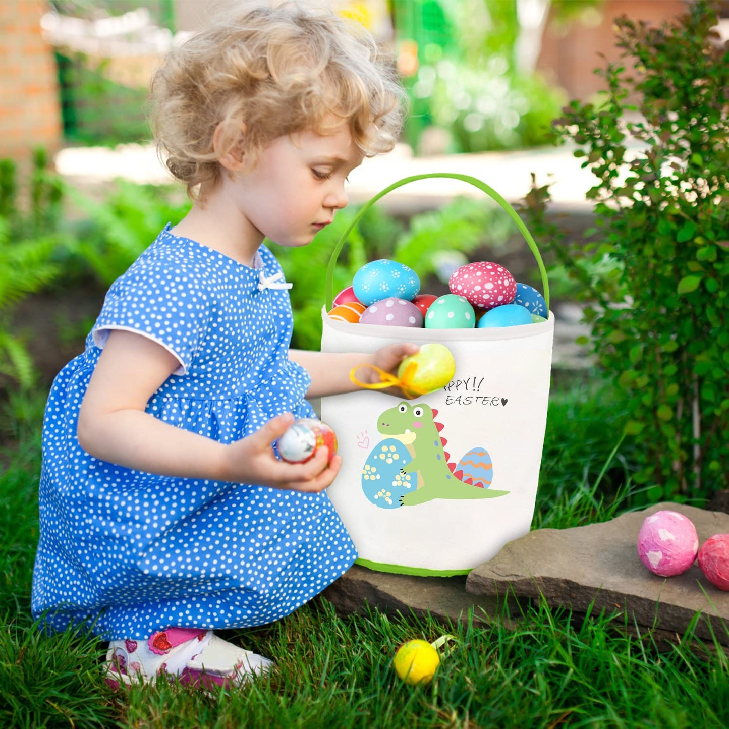 Cerlaza Easter Gift Basket Empty For Kids Canvas Tote, Easter Dinosaur Holding Eggs Hunt Basket With Handle For Toys Carrying, C