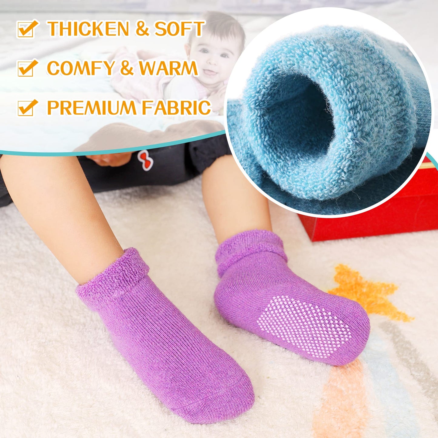 Eyean Baby Wool Grip Sock Soft Winter Warm Thick Non Slip Toddler Boy Girls Crew Socks For Children 6 Pairs (Solid Color-C, 1-3