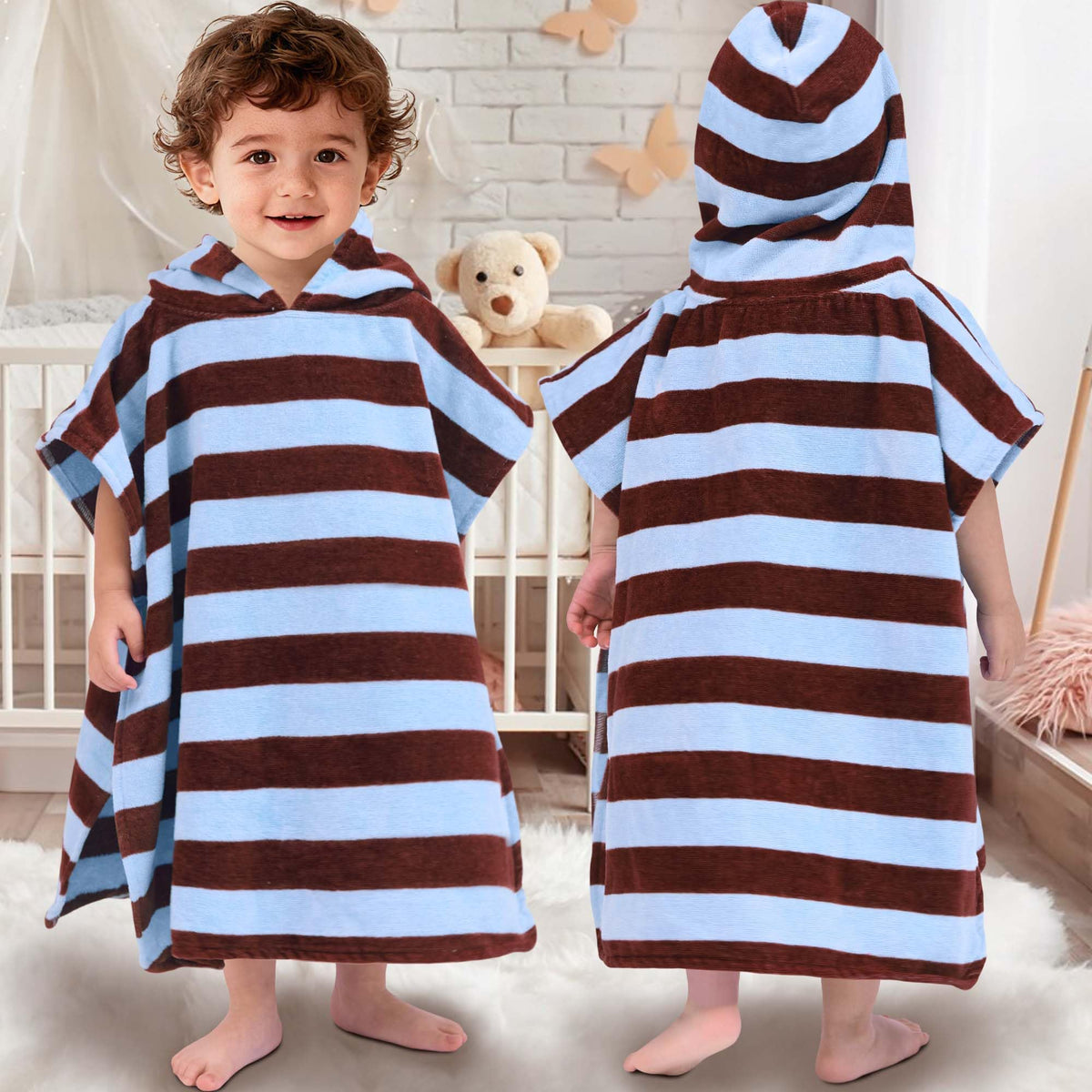 VOOVA & MOVAS Toddler Hooded Poncho Towel 24Y,100% Cotton, Green Striped