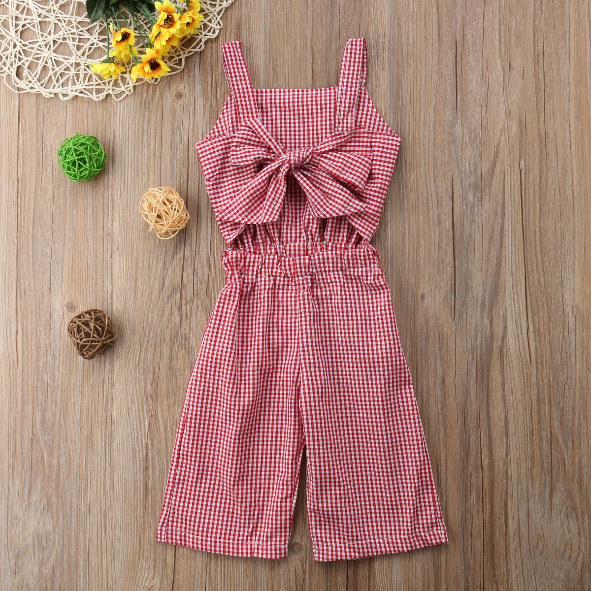 Kids Toddler Baby Girl Red Plaid Big Bow Sleeveless Romper Jumpsuit Trousers Clothes Outfits (Red, 3-4 Years)
