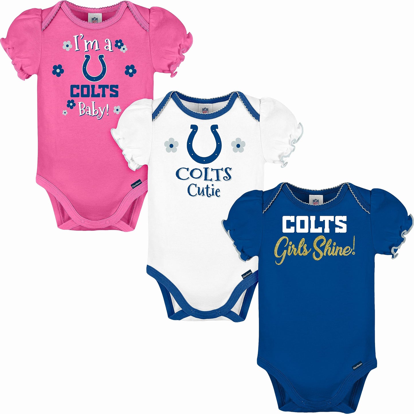 Gerber Baby Girl'S Nfl 3 Pack Short Sleeve Onesie Bodysuit, Team Color, 3-6 Months