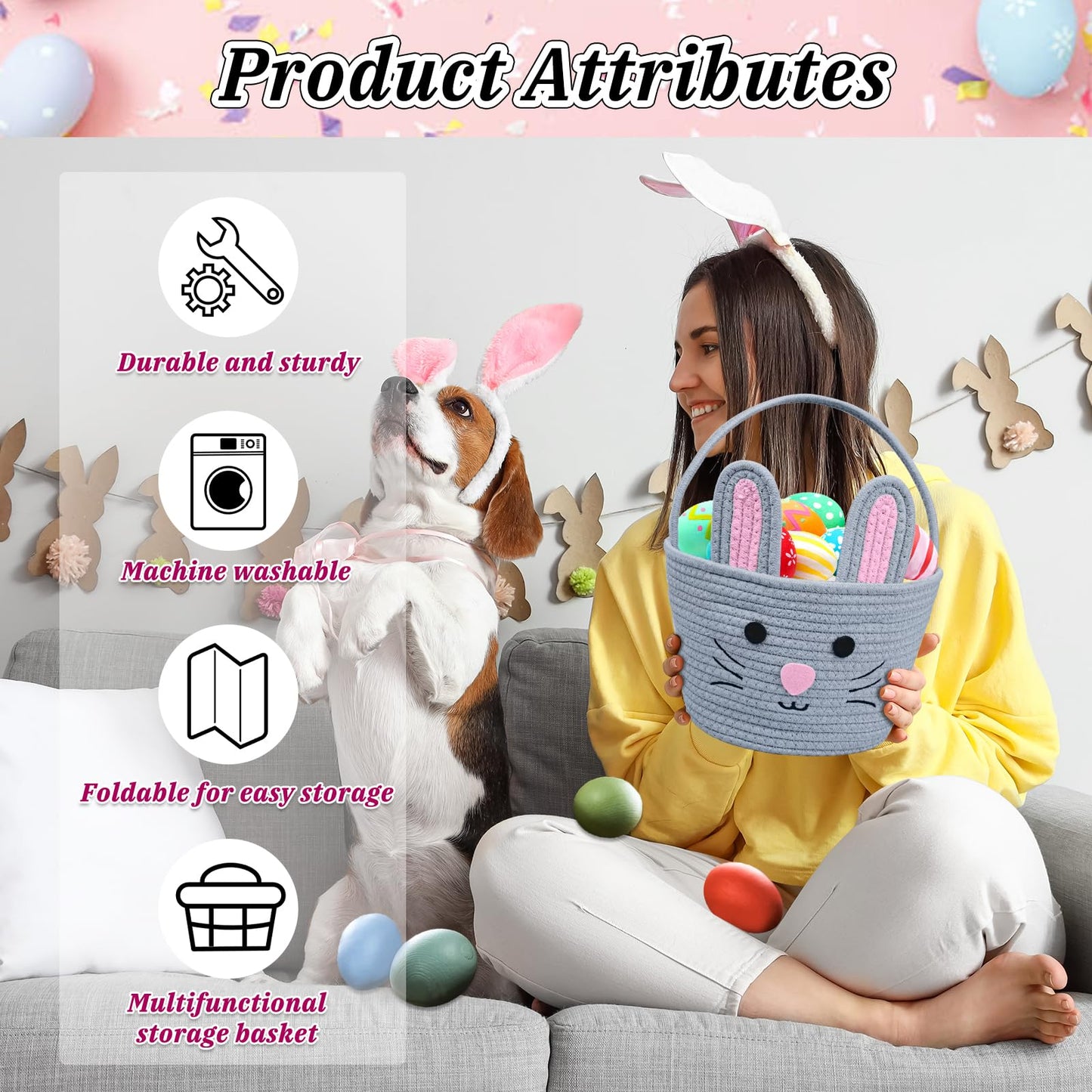 Brbecon Easter Bunny Basket For Kids With Name Tag, Grey Small Woven Easter Basket For Girls, Easter Egg Hunt Baskets Bags Easte
