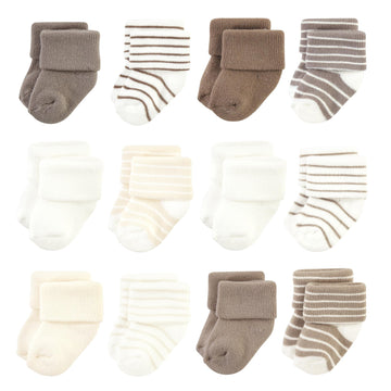 Hudson Baby Unisex Baby Cotton Rich Newborn And Terry Socks, Beige Stripe 12 Pack, 6-12 Months