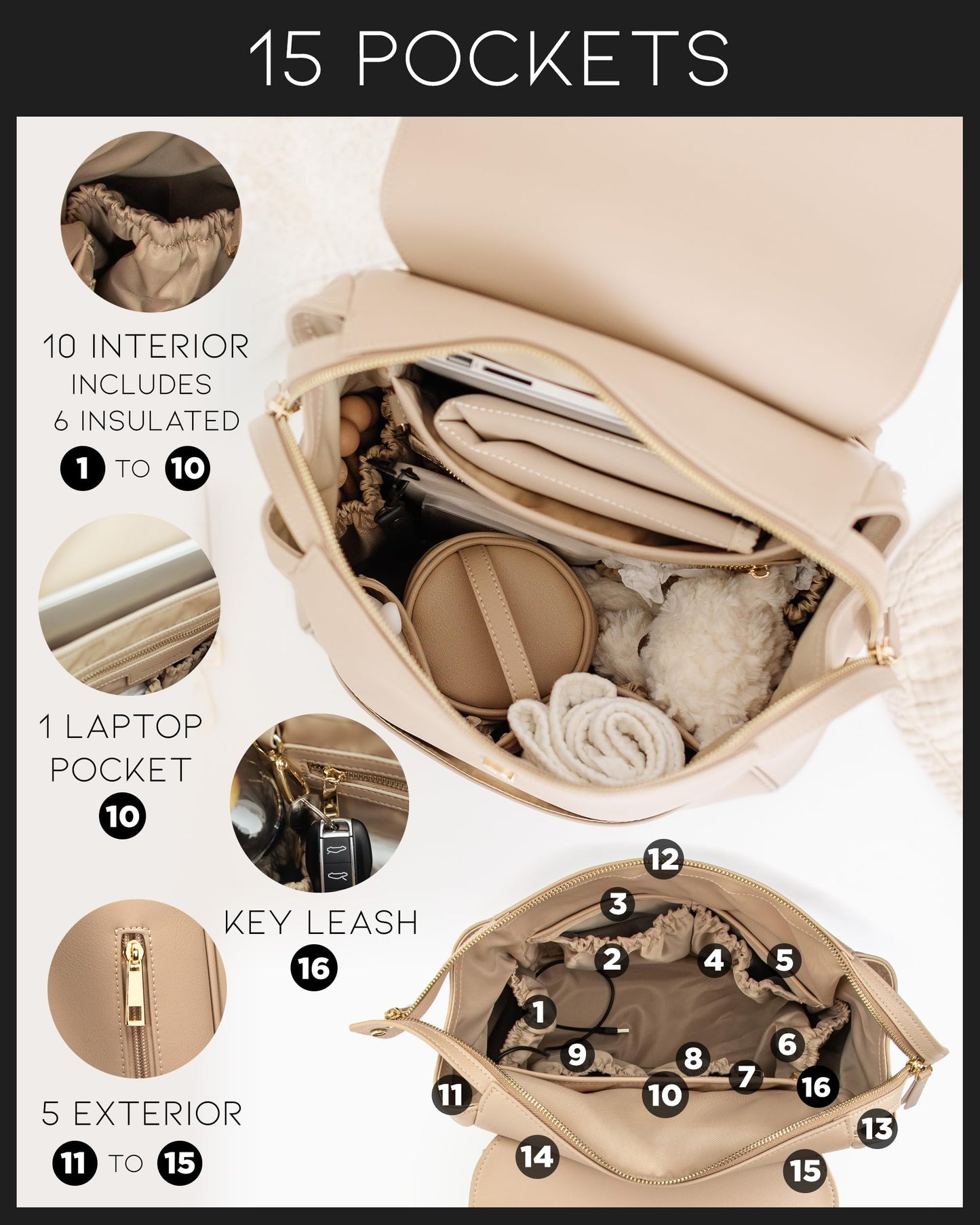 Mia + Sophia Leather Diaper Bag Backpack With Usb Charging Port, Changing Pad, Stroller Straps, And Bottle Holder (Beige Olivia)