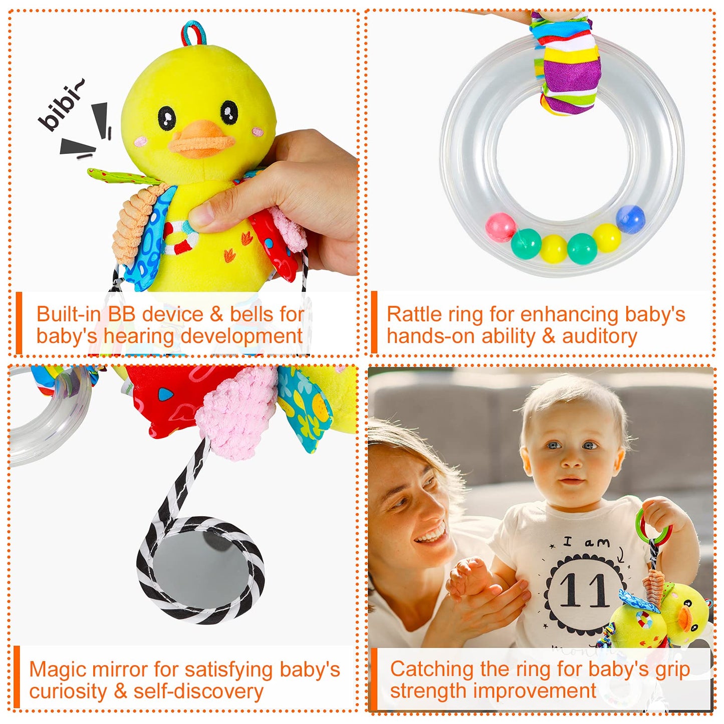 Funsland Baby Stroller Toy and Car Seat Toy for Infant with Teether Hanging Rattle Toys Clip on Stroller Toy Soft Plush Baby Toy