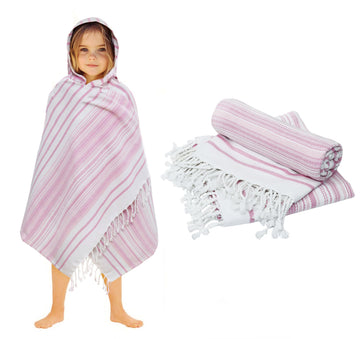 Original Kids Fouta Hooded Bath Towel Wrap With Fringes  2 Pack 100% Cotton  Sand Free  Lightweight  Quick Dry  Super Absor